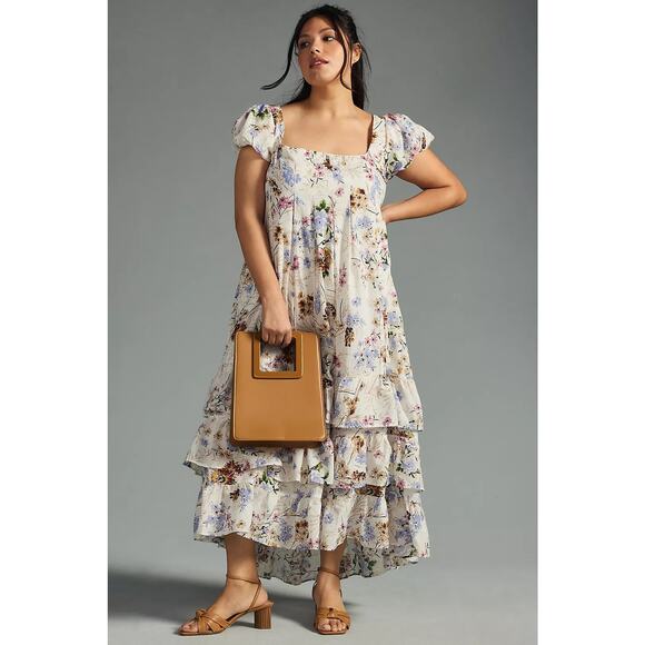 Anthropologie Dresses & Skirts - Anthropologie Tiered Ruffle Hem Floral Cap Sleeve Maxi Dress White 1X